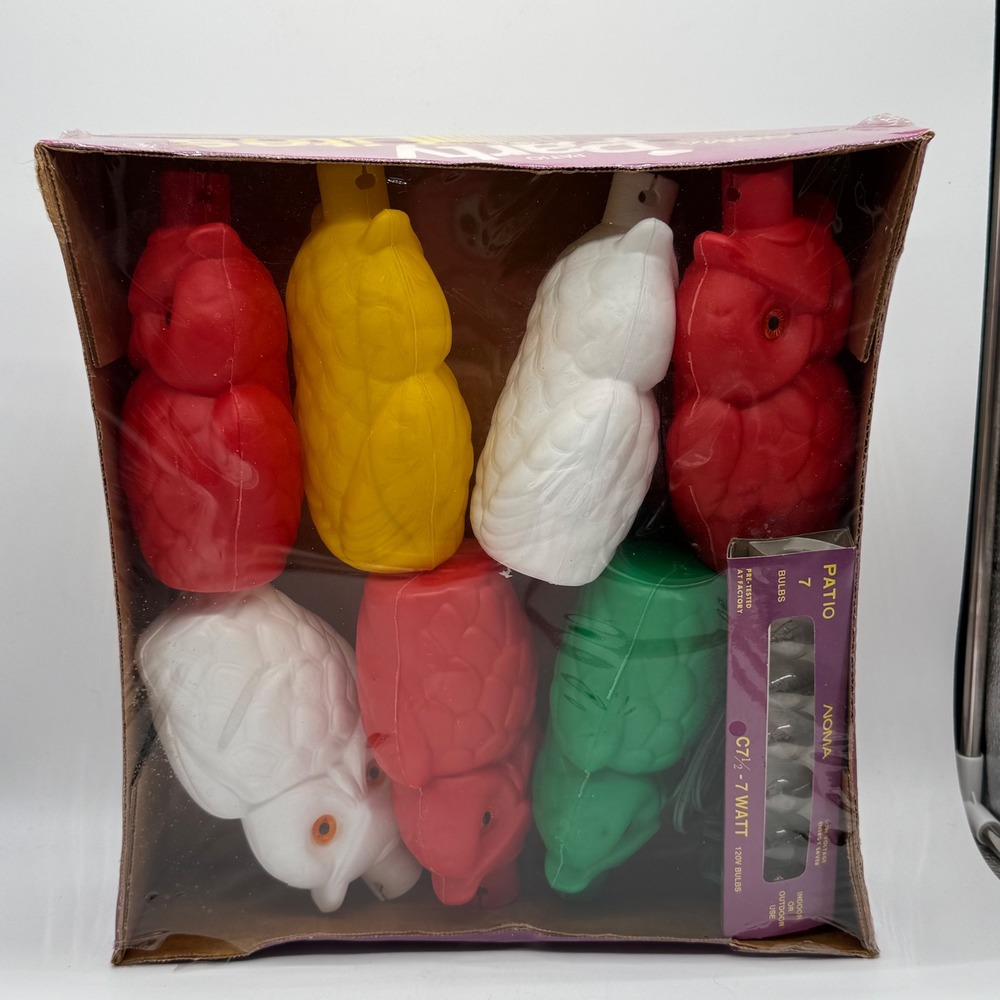 Vintage 70s NOMA Plastic Owl Blow Mold Patio Party Lights String Set NOS Box